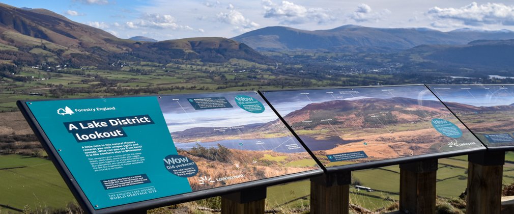 A viewpoint panel in the foreground with a lake and mountain behind