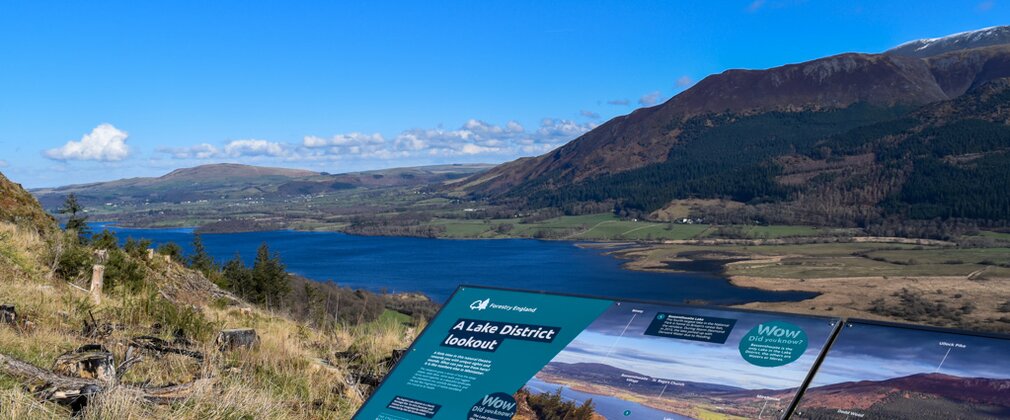 A viewpoint panel in the foreground with a lake and mountain behind