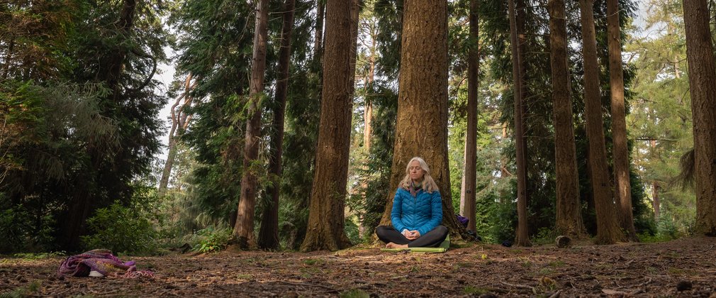 Woman yoga pose in forest