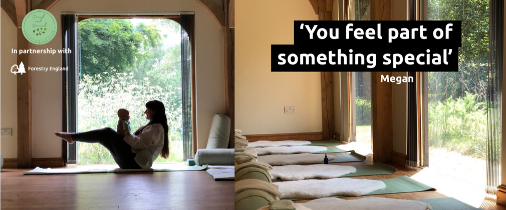 indoor yoga mats laid out, mother with baby in yoga pose