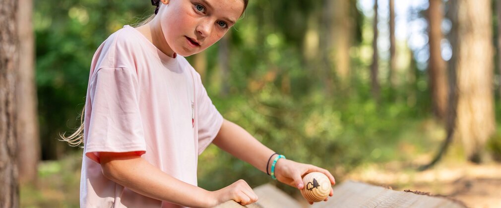 A child playing a wooden marble onto the marble run at Alice Holt Forest