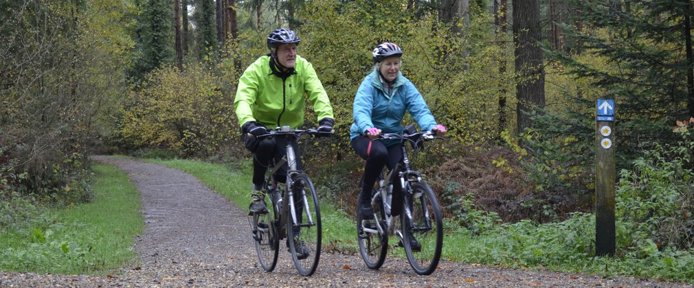 A couple cycling on a forest trail at Alice Holt
