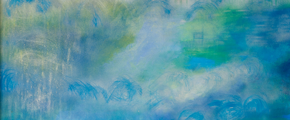 Acrylic paints, freely applied in swirls of greens and blues cover the entire surface of this canvas that measures approx 1 metre square. The colours have the intensity of a peacock’s feathers, overpainted with chalky white moving down to a dark patch of cobalt blue in the lower right-hand corner, so that the lighter colours above appear to hover. Traces of textured brushwork whip up the surface, scratched with fine lines and dizzying circles. The effect is mesmeric.