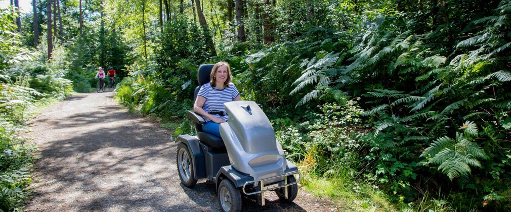 A person exploring the forest on an all-terrain mobility scooter