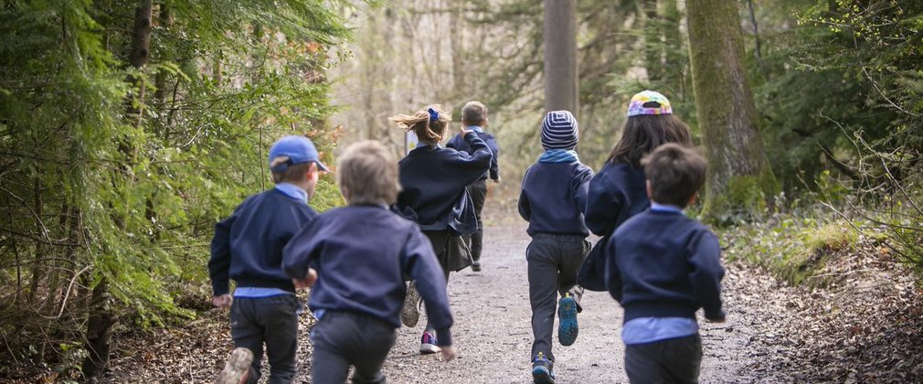 Children school running through forest