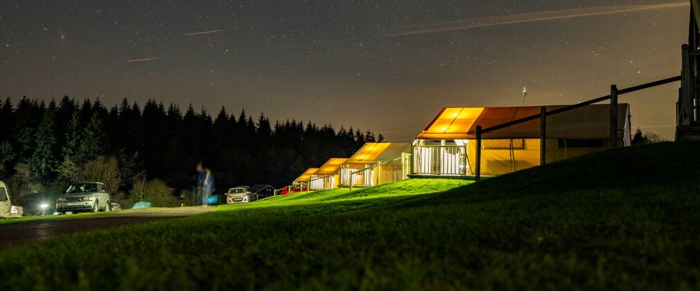 Lights coming from safari tents at night, with forest treetops seen in the distance.