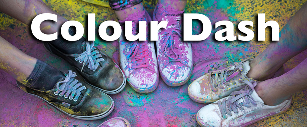 Photo showing five people's shoes covered in multi-coloured paint