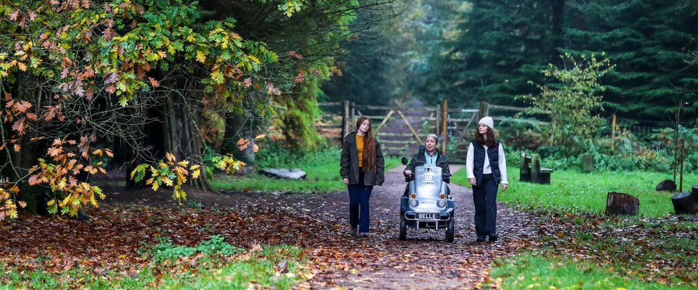Woman using a tramper with two walkers in the forest in autumn.