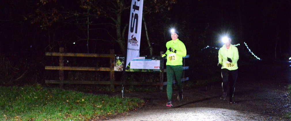 Runners in the forest with head torches on