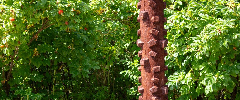 A patina iron sculpture based on the tread of a bike tyre.