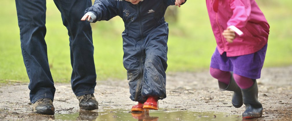 Kids splashing in puddles in their wellies