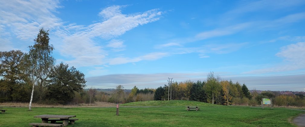 Picnic benches on a grassy area under bright blue skies