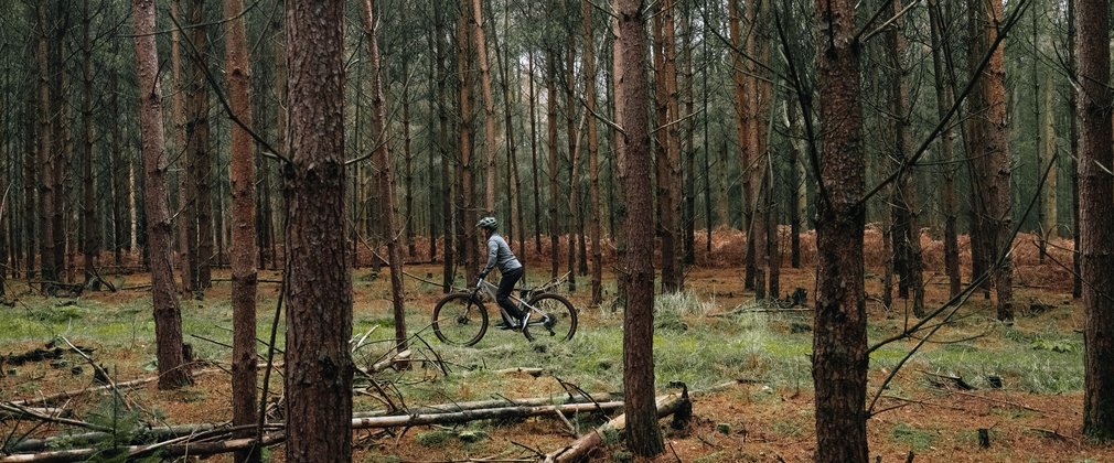 women rides through forest