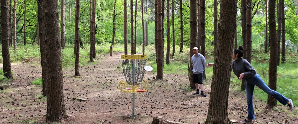 couple play disc golf at high lodge