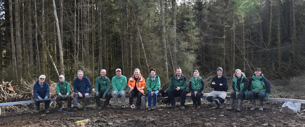 Twelve Forestry England staff sitting on a log in the forest.