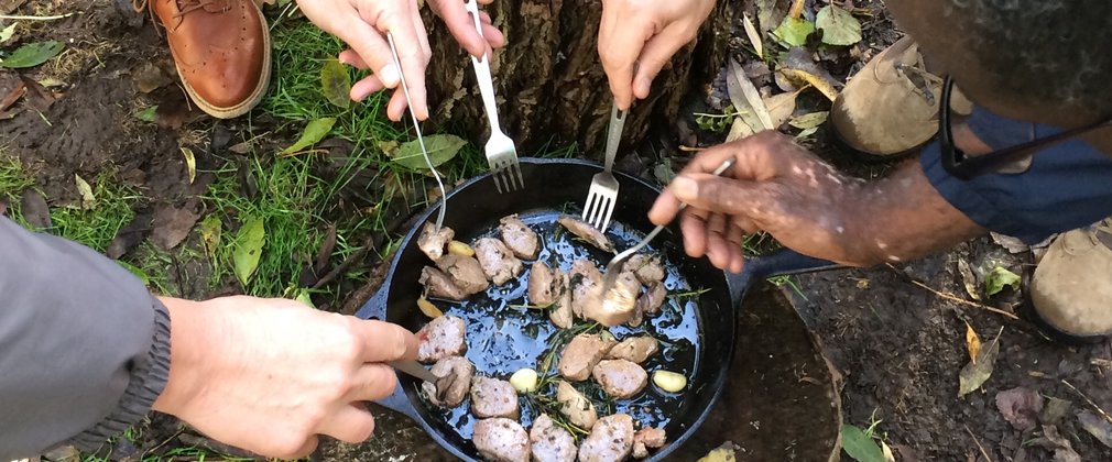 A pan of venison cooked in the forest