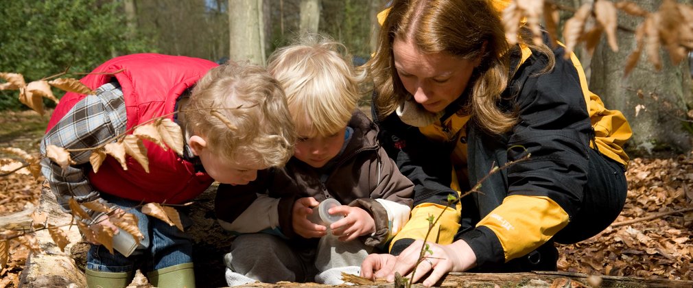 Young family observing animal wildlife on a fallen tree