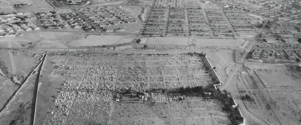 Black and white aerial view image