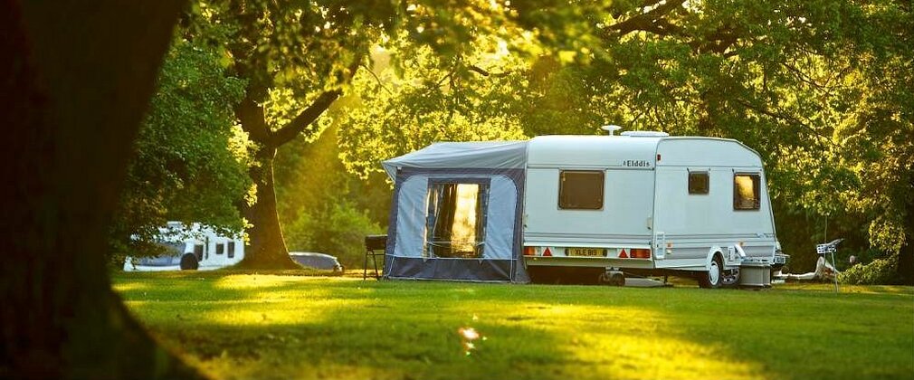A caravan under trees