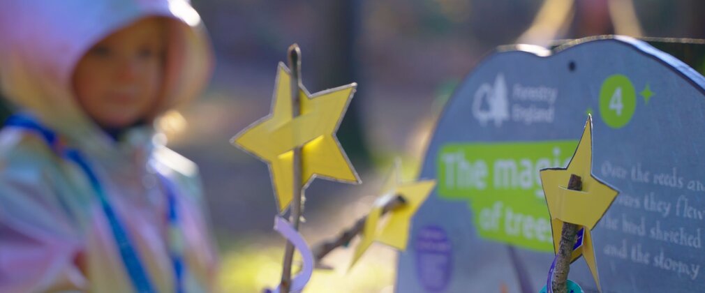 Magic wands made of sticks and paper stars being held by children in front of a large panel in the forest.