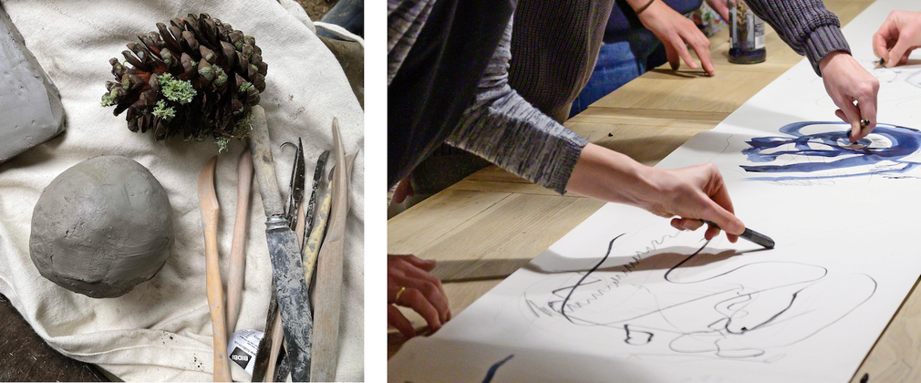 A ball of clay with a pine cone alongside hands drawing and painting