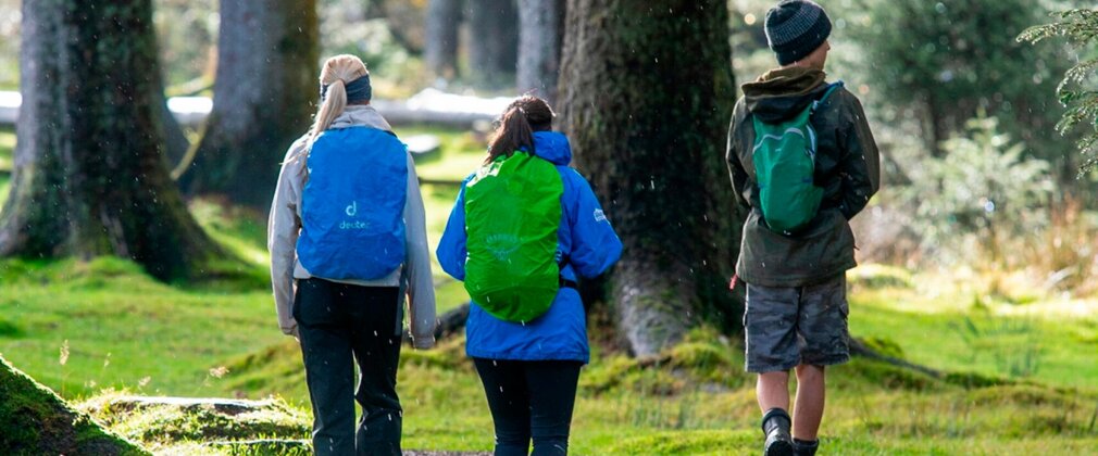 A group of three people wearing coats and backpacks walking along a forest path.