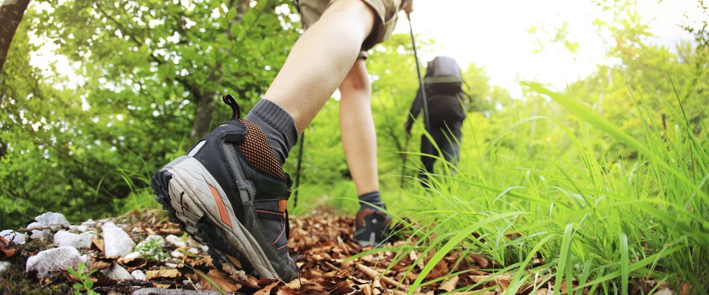 Close up of walking boots of person walking along a leafy path