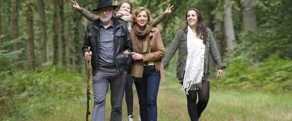 group of people walking along a forest clearing track