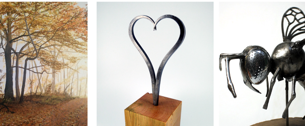 a poster of the costwold craftsmen autumn show with examples of their work with a painting of a tree, a metal heart and a sculptured bee.