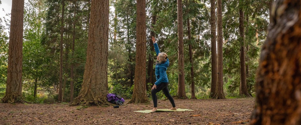 Woman doing yoga pose among the trees