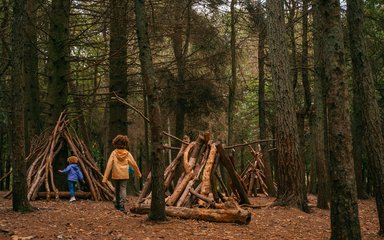 Two children playing in a forest