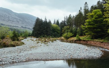 The River Liza sweeps round surrounded by scrubby woodland and a mountainous background