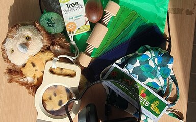 Contents of a sensory bag laid out on a green Forestry England bag. Items include a fluffy owl toy, wooden sensory toys, tree trumps, a magnifying glass, headphones. 