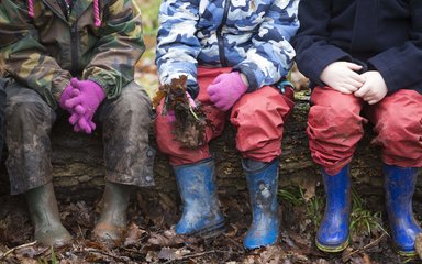 A close up of three children sitting on a log, showing legs in waterproof trousers and muddy wellington boots.