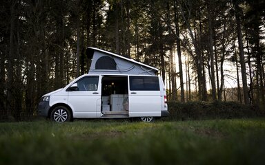 A white campervan in the forest