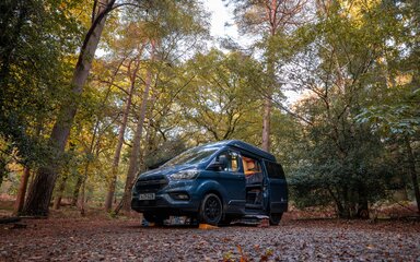 A campervan surround by autumnal trees at a campsite
