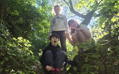 Three children playing in the forest