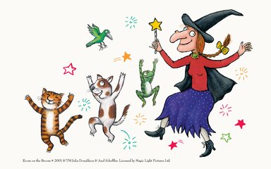 An illustrated witch, cat, dog and frog dancing.