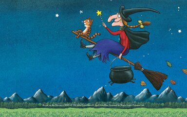 An illustration of the character Witch from Room on the Broom sat on a broom, flying across the night sky.