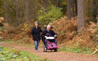 Easy access paths through the wood with man on tramper