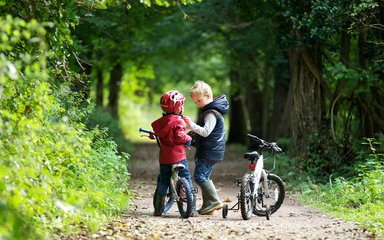 Two small boys learning to cycle in the woods 