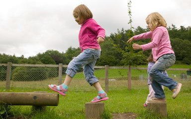 children balancing on wooden beam in play area in the woods 