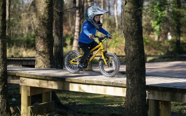 Child riding a wooden bridge feature in a skills area