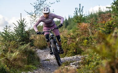 A mountain bike rider on a forest cycle trail. The rider is wearing pink clothes and a white helmet, cycling through young conifer trees.