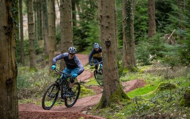 Two riders on cycling trail in the Forest of Dean