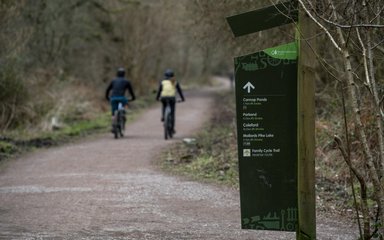 Riders on family cycling trail in the Forest of Dean