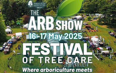 The ARB show. 16 - 17 May 2025. Festival of tree care. Where arboriculture meets. Wording over a drone shot of a large field with exhibitors onsite. 4 bubbles, 2 on each side show close ups of people climbing trees and managing rope.