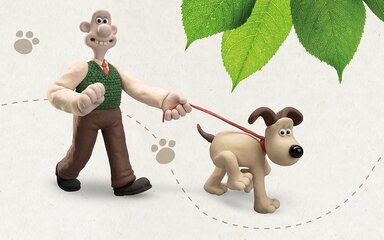 Wallace & Gromit walking with leaves around