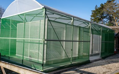 A long domed structure covered with green mesh with a visible inner rectangle section