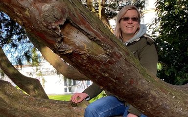 A woman with blond hair wearing sunglasses, sits in a tree with low branches swooping towards the floor. she looks happy and content as she smiles at the camera
